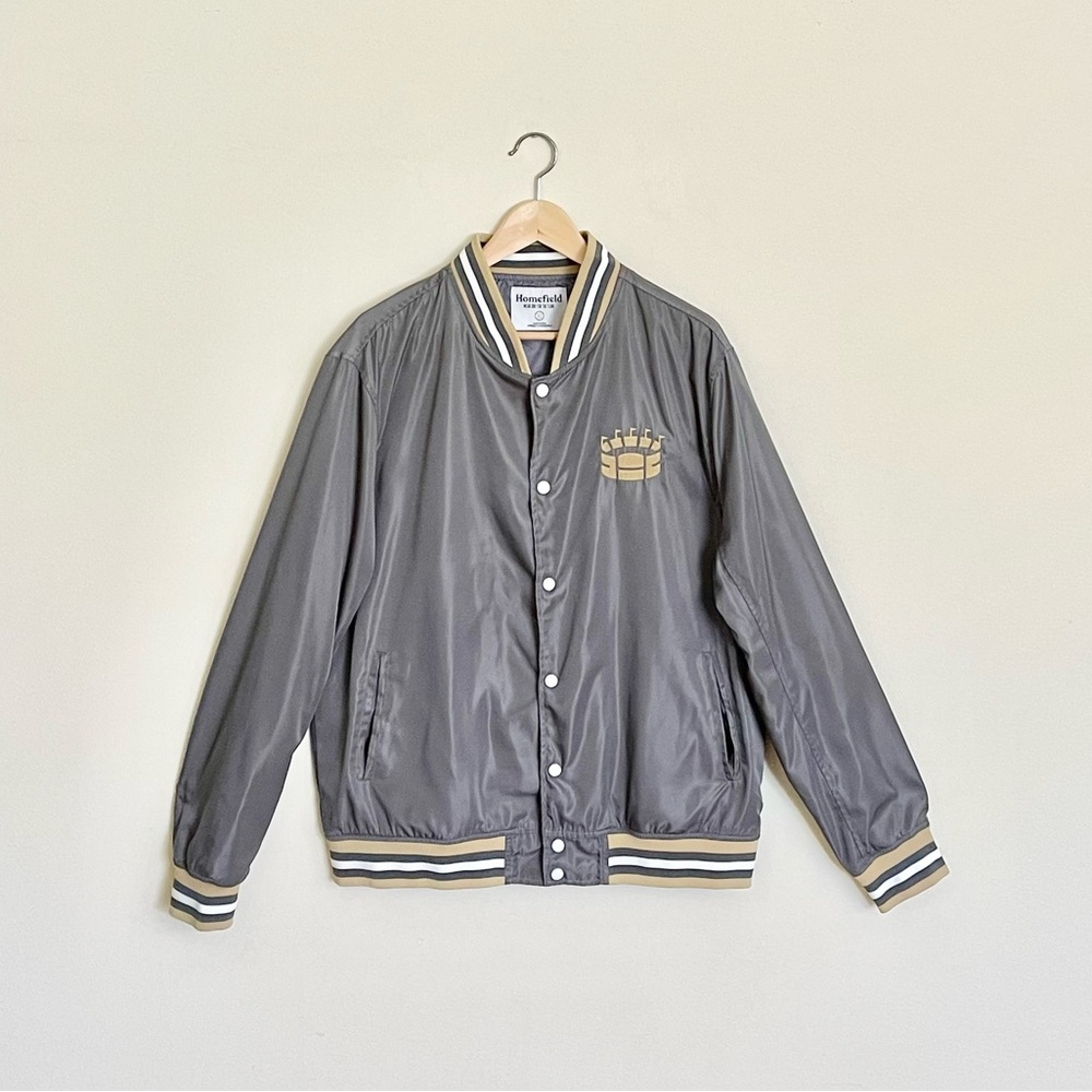 Homefield Speedway Indiana Embroidered Button Satin Gray Bomber Jacket Men’s XL